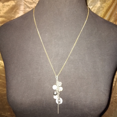 silver,white and transparant clustered beaded pendant gold chain