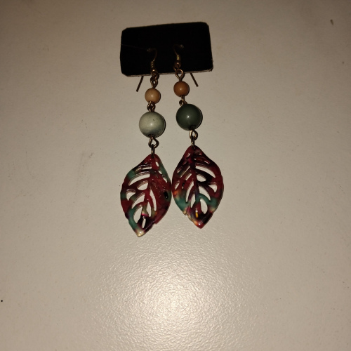 multicoloured leaf shaped chandelier earrings