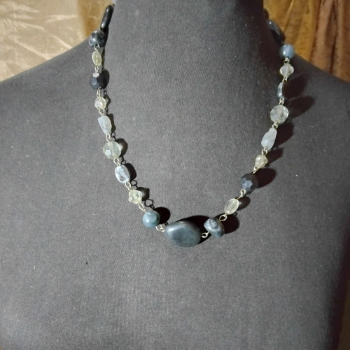 murky blue and transparent beaded necklace