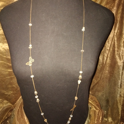 bronze butterfly and murky white beaded lng chain