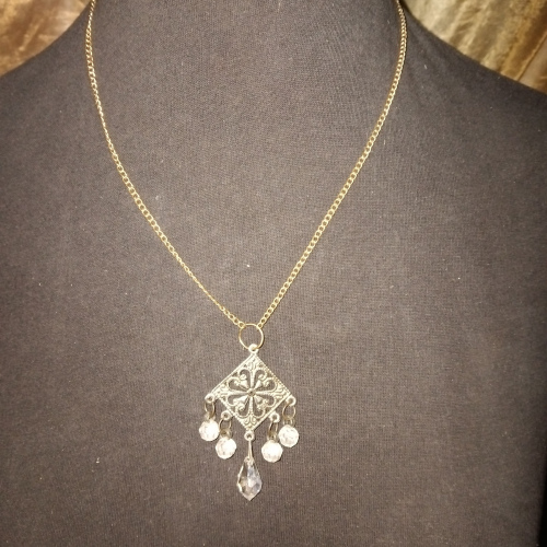 gold with silver diamond shaped tassle pendant necklaceassle